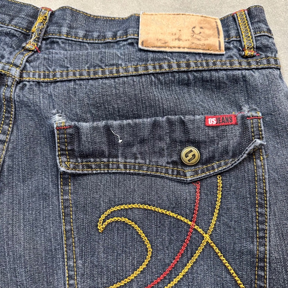 Old Skool Jeans Men 37x32 Dark Wash Embroidered Baggy Y2K Streetwear Excellent